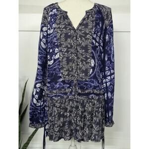 Free People Ratio Print Tunic Indigo Combo Button Front Boho OSized Size Small